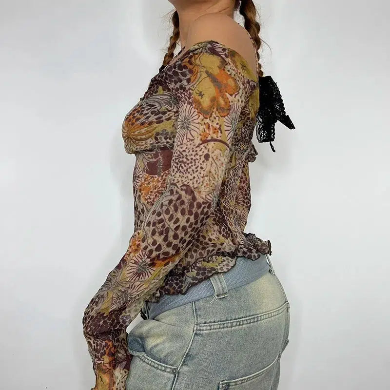 Vintage Floral Print Fairycore Mesh Top with Bow Tie Detail - Y2K Crop Top Style