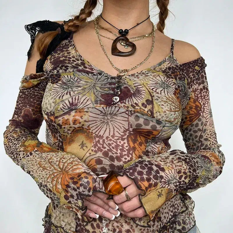 Vintage Floral Print Fairycore Mesh Top with Bow Tie Detail - Y2K Crop Top Style
