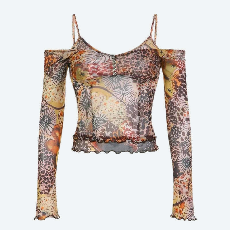 Vintage Floral Print Fairycore Mesh Top with Bow Tie Detail - Y2K Crop Top Style