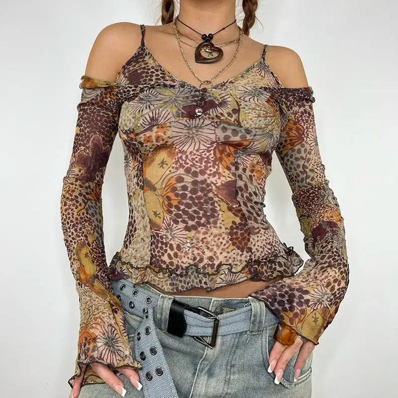 Vintage Floral Print Fairycore Mesh Top with Bow Tie Detail - Y2K Crop Top Style