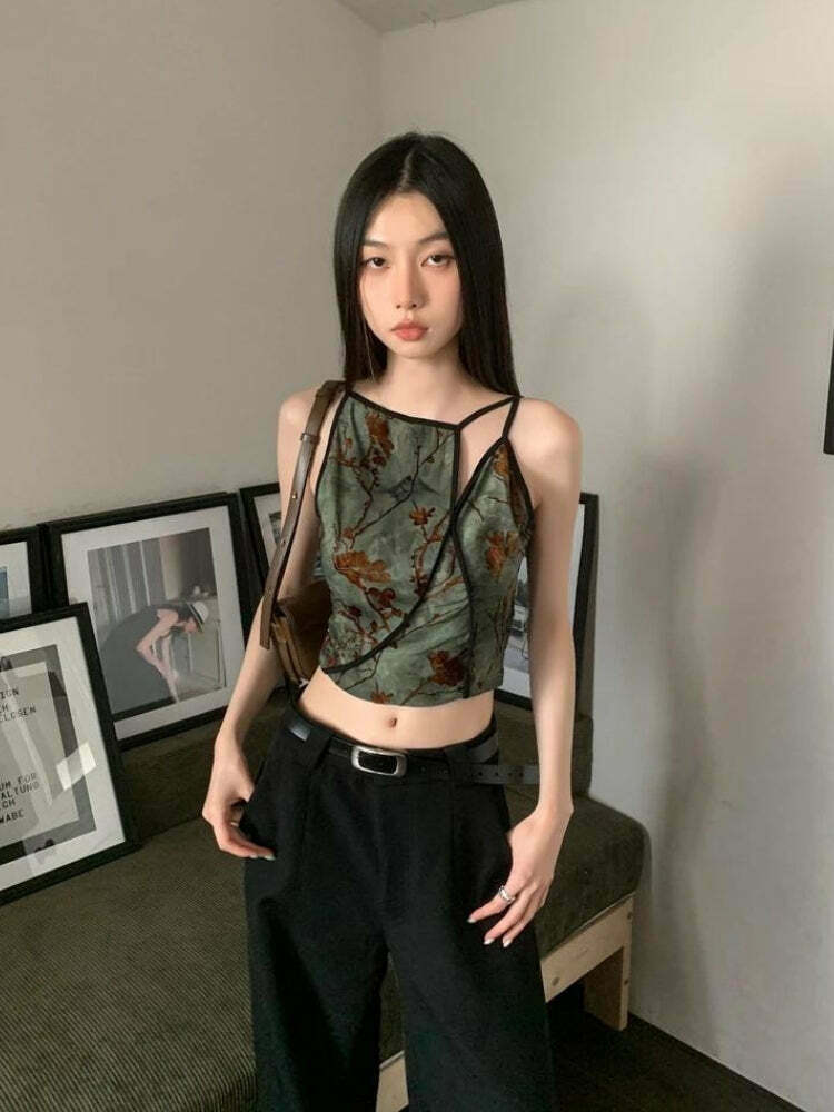Vintage Floral Print Y2K Crop Top with Bow Tie Detail - Fairycore Asymmetric Style