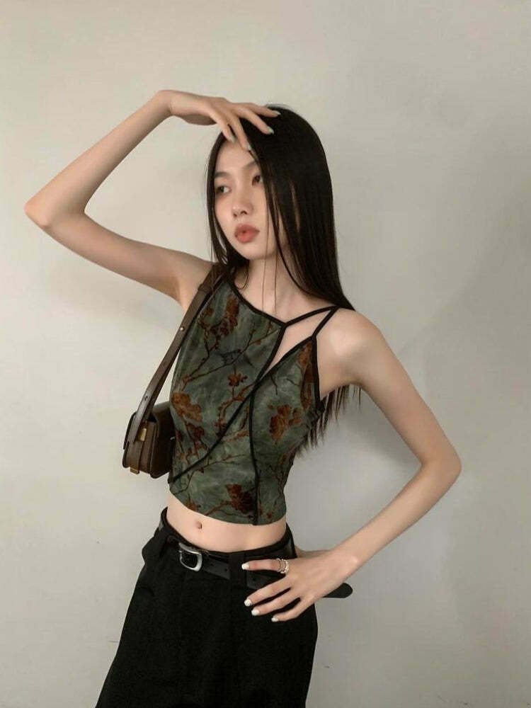 Vintage Floral Print Y2K Crop Top with Bow Tie Detail - Fairycore Asymmetric Style