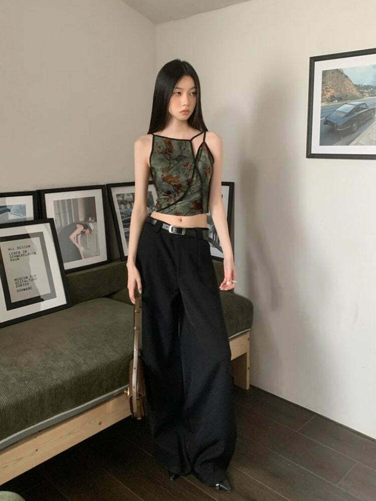 Vintage Floral Print Y2K Crop Top with Bow Tie Detail - Fairycore Asymmetric Style