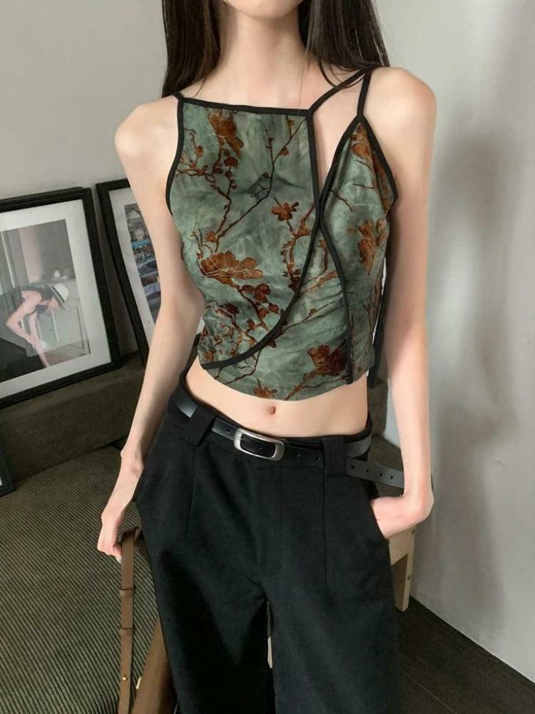Vintage Floral Print Y2K Crop Top with Bow Tie Detail - Fairycore Asymmetric Style