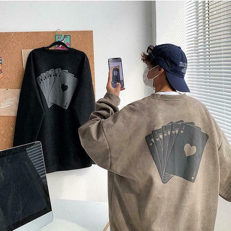 Vintage Graphic Playing Cards Sweatshirt - Trendy Oversized Aesthetic Corduroy Style