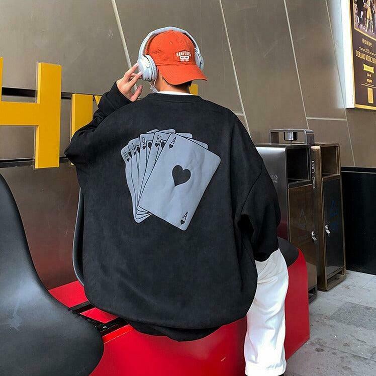 Vintage Graphic Playing Cards Sweatshirt - Trendy Oversized Aesthetic Corduroy Style