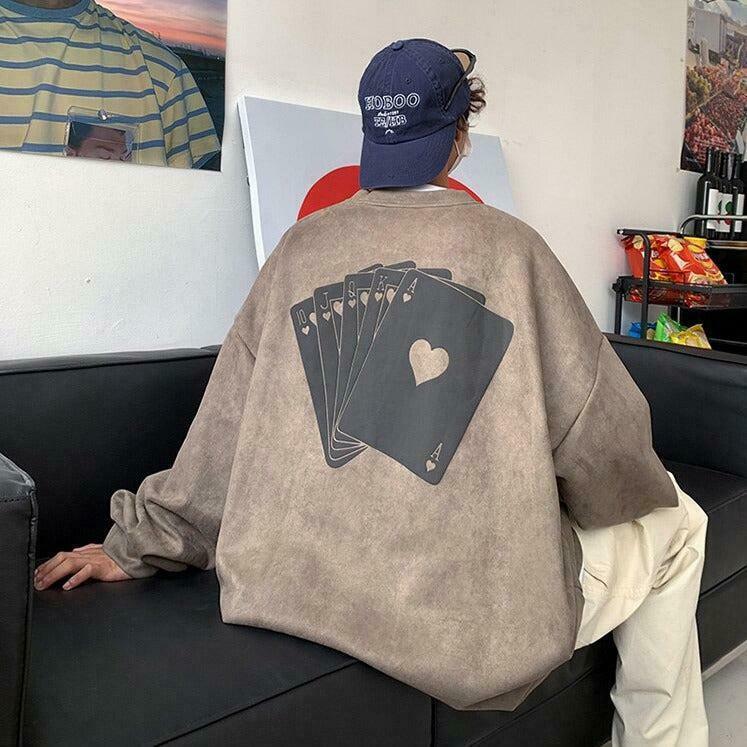 Vintage Graphic Playing Cards Sweatshirt - Trendy Oversized Aesthetic Corduroy Style