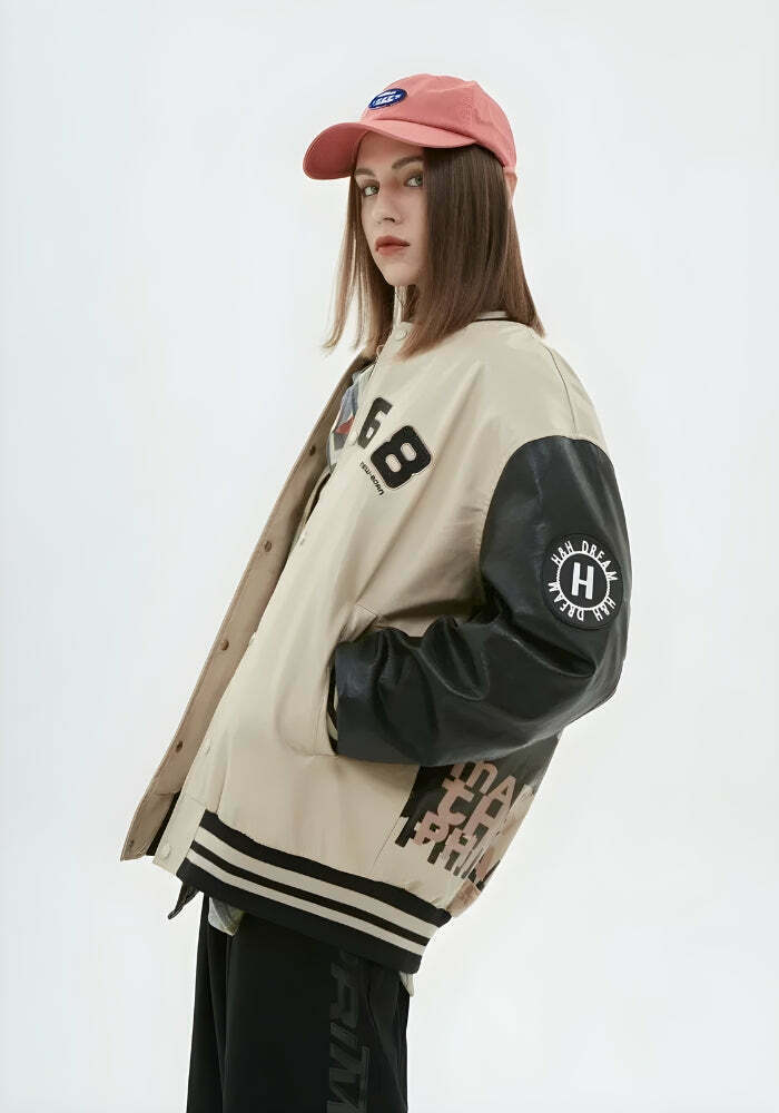 Vintage Grunge 1968 Color Block Varsity Jacket - Y2K Fashion, Baggy Style, Skull Design