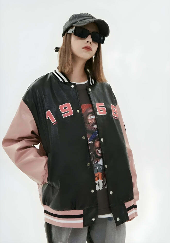 Vintage Grunge 1968 Color Block Varsity Jacket - Y2K Fashion, Baggy Style, Skull Design