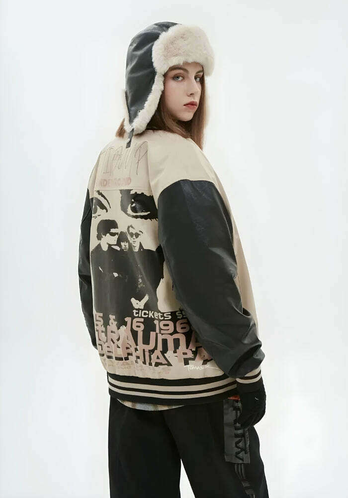 Vintage Grunge 1968 Color Block Varsity Jacket - Y2K Fashion, Baggy Style, Skull Design