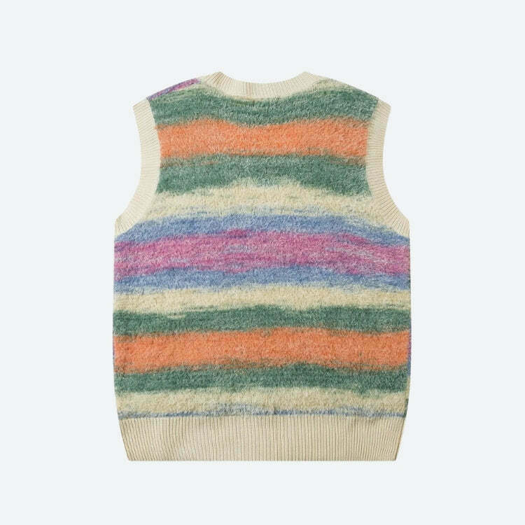 Vintage Multicolored Yarn Plush Sweater Vest - Y2K Fashion Zip-Up Style for Cozy Vibes