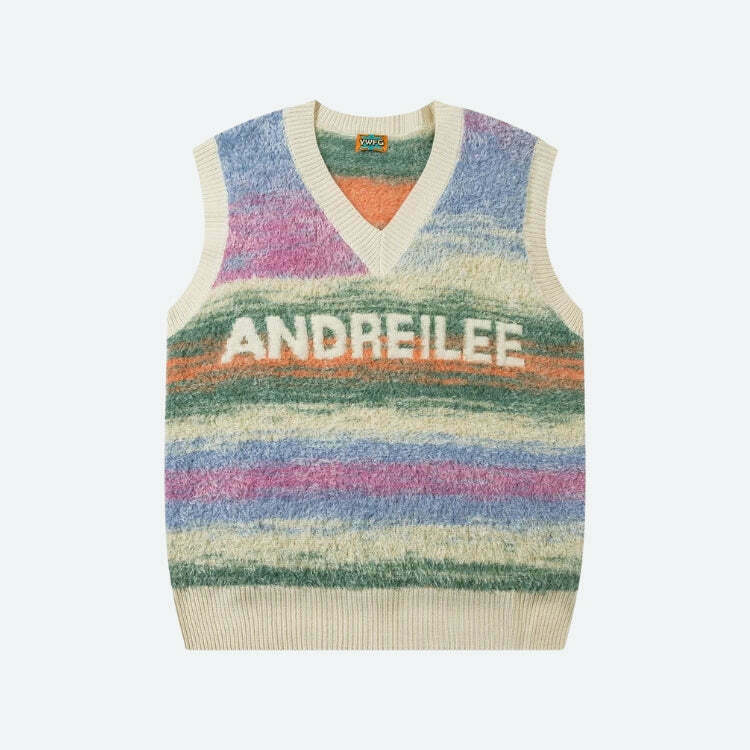 Vintage Multicolored Yarn Plush Sweater Vest - Y2K Fashion Zip-Up Style for Cozy Vibes