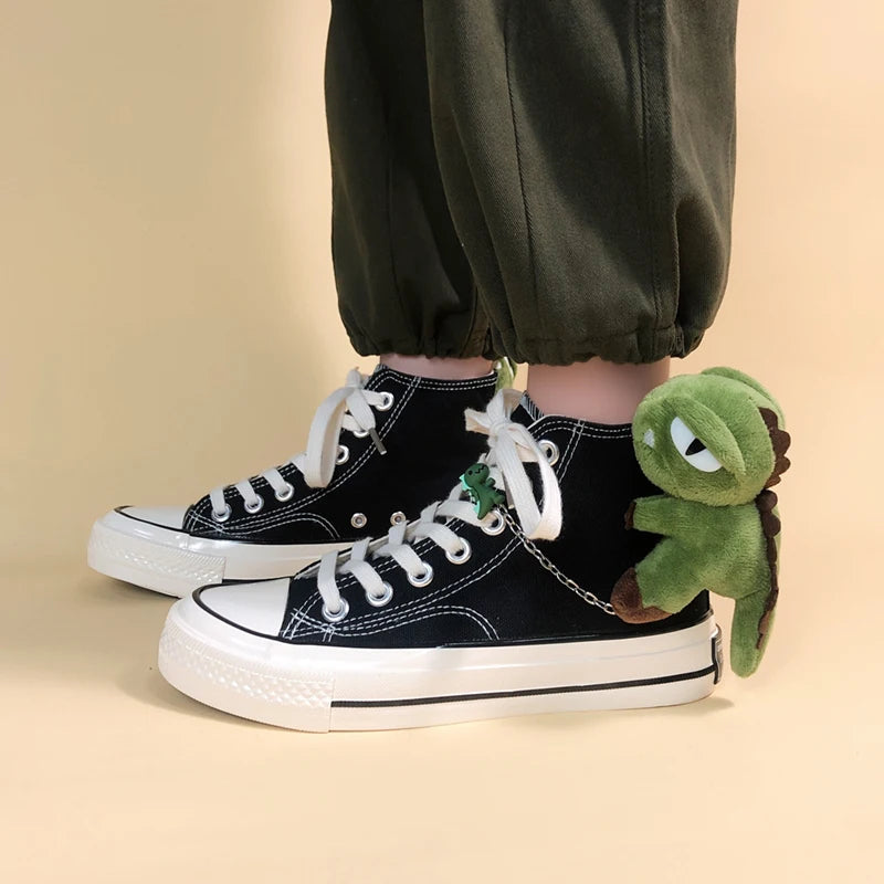Weirdcore Dinosaur Canvas Shoes - Y2K Vintage Skate Style in Pink & Blue for Trendy Outfits