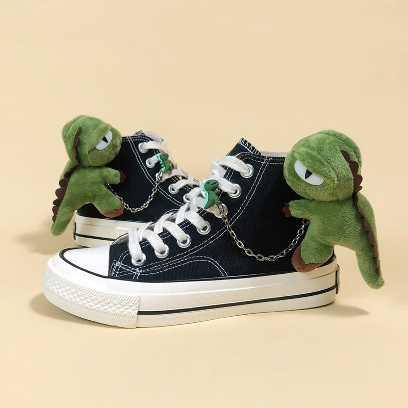 Weirdcore Dinosaur Canvas Shoes - Y2K Vintage Skate Style in Pink & Blue for Trendy Outfits
